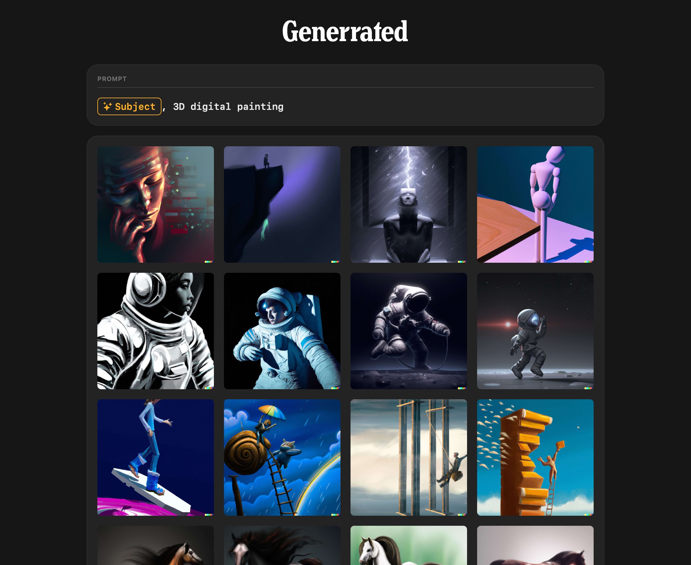 Generrated: 9,300 images generated with DALL·E 2 and DALL·E 3 prompts